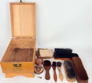 Antique Griffin Shinemaster Wooden Shoe Shine Valet Brushes Cloths Polish Key